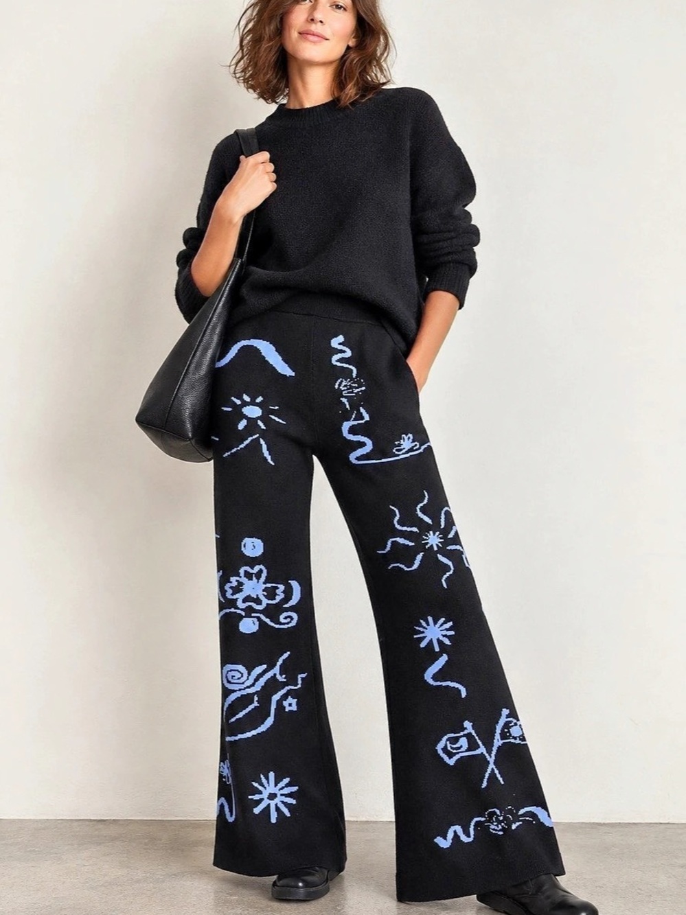 Rationalle Abstract Graphic Knit Wide Leg Pants Black Blue M Like New